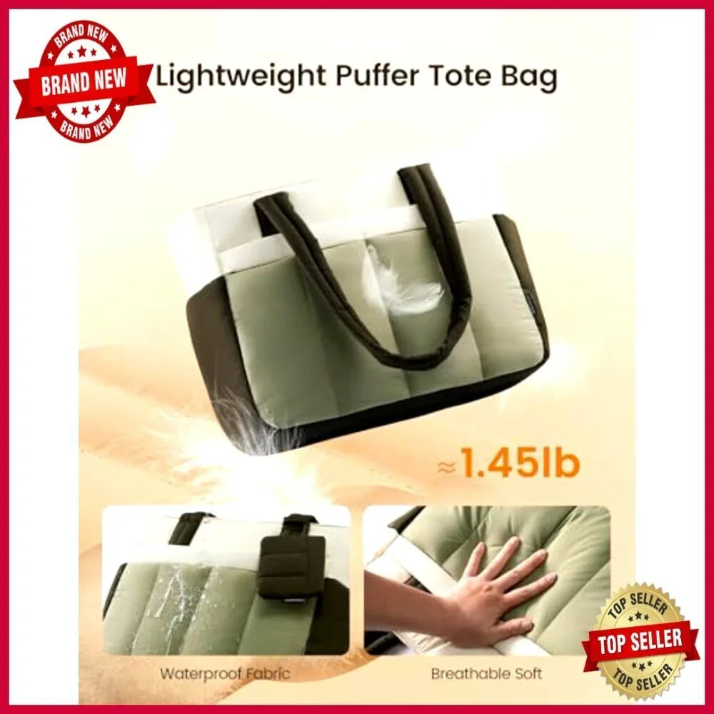 Puffer Tote Bag with Zipper 15.6 Inch Laptop Compartment 14 Pockets
